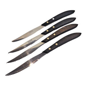 Vintage Stanley Steak Knives Stainless Steel Curved Wood Handle Tang 4 Pack